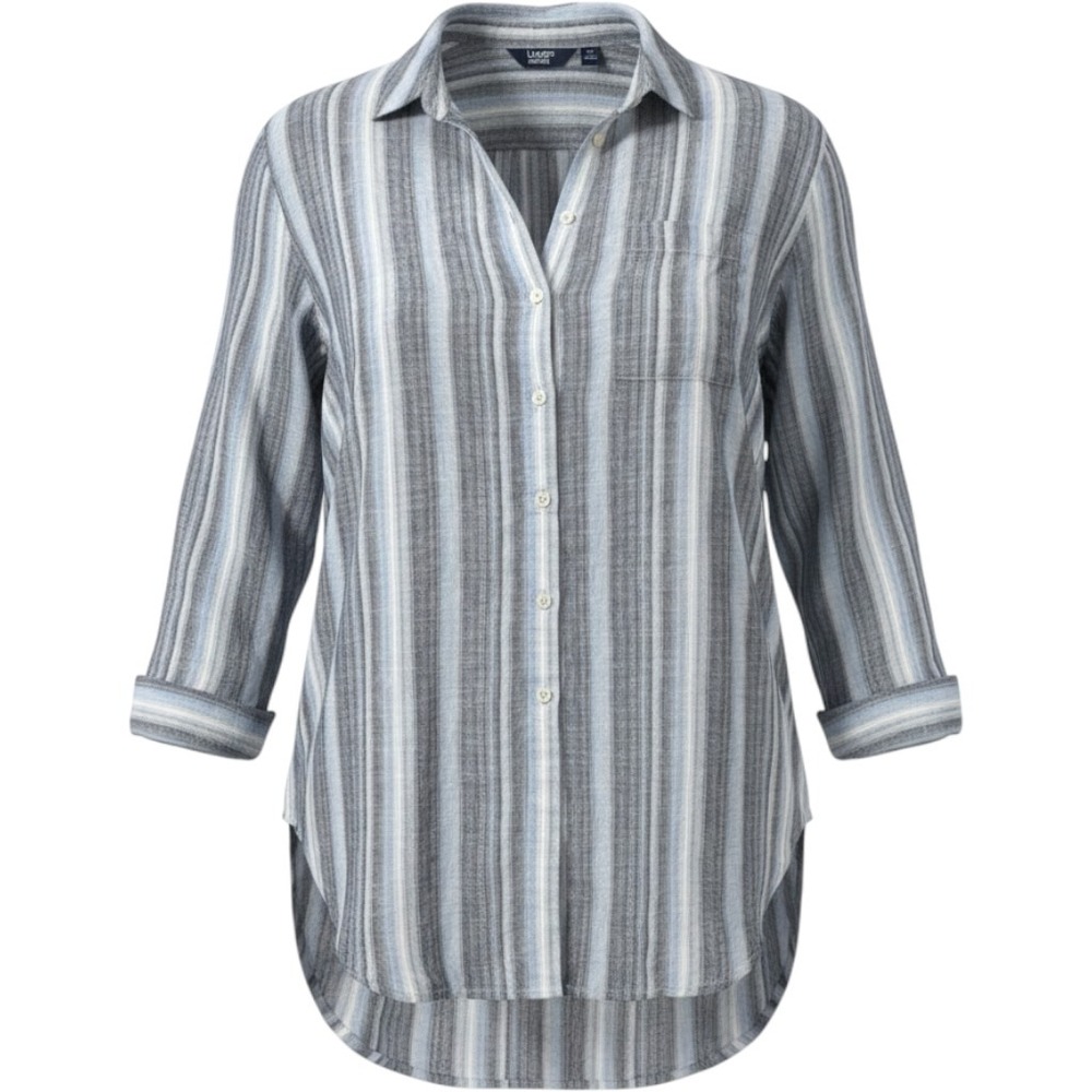 Lands End Button Down Tunic Womens L Blue Striped Long Sleeve Coastal Boho